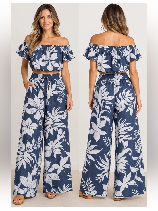 Salty Lemon Pants - Salty Lemon Boho 2 Piece Set Sage Hibiscus Floral Crop Top Wide Leg Pants M NEW